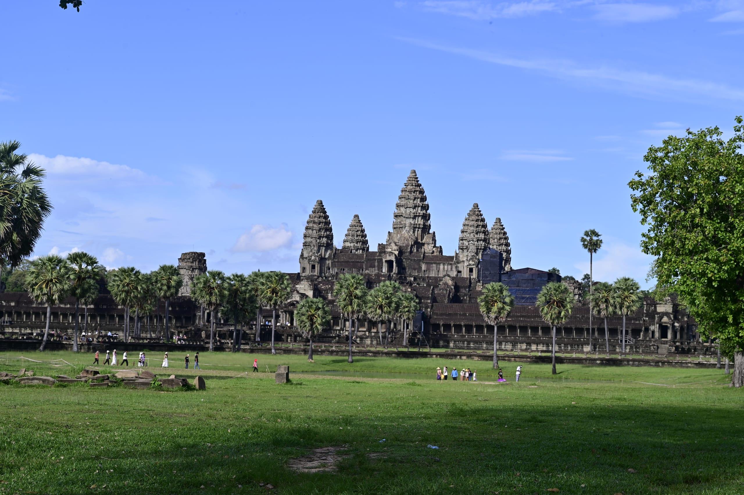Le cinque torri di Angkor Wat si innalzano dietro file di palme, oltre un ampio prato