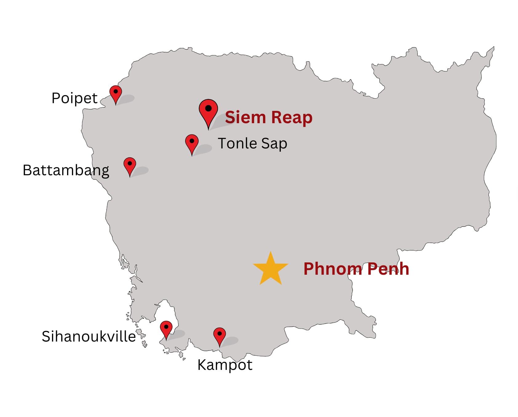 Mappa della Cambogia con segnaposto su Phnom Penh, Siem Reap, Tonle Sap, Battambang, Poipet, Sihanoukville e Kampot