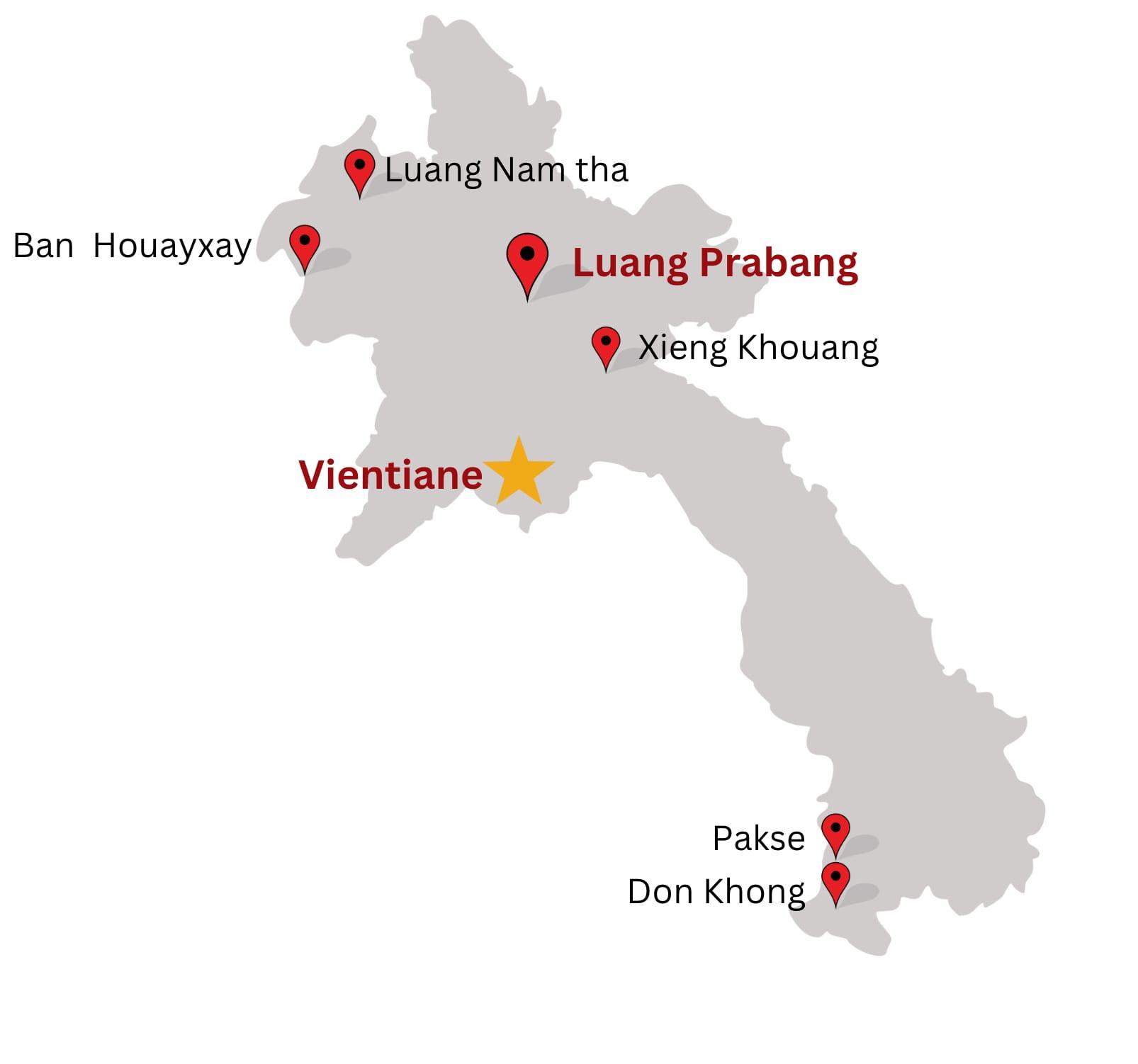 Mappa del Laos con segnaposto su Vientiane, Luang Prabang, Luang Nam Tha, Ban Houayxay, Xieng Khouang, Pakse e Don Khong