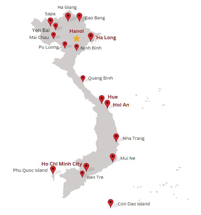Mappa del Vietnam con segnaposto su Hanoi, Sapa, Ha Giang, Cao Bang, Ha Long, Ninh Binh, Hue, Hoi An, Nha Trang, Ho Chi Minh City, Phu Quoc e Con Dao