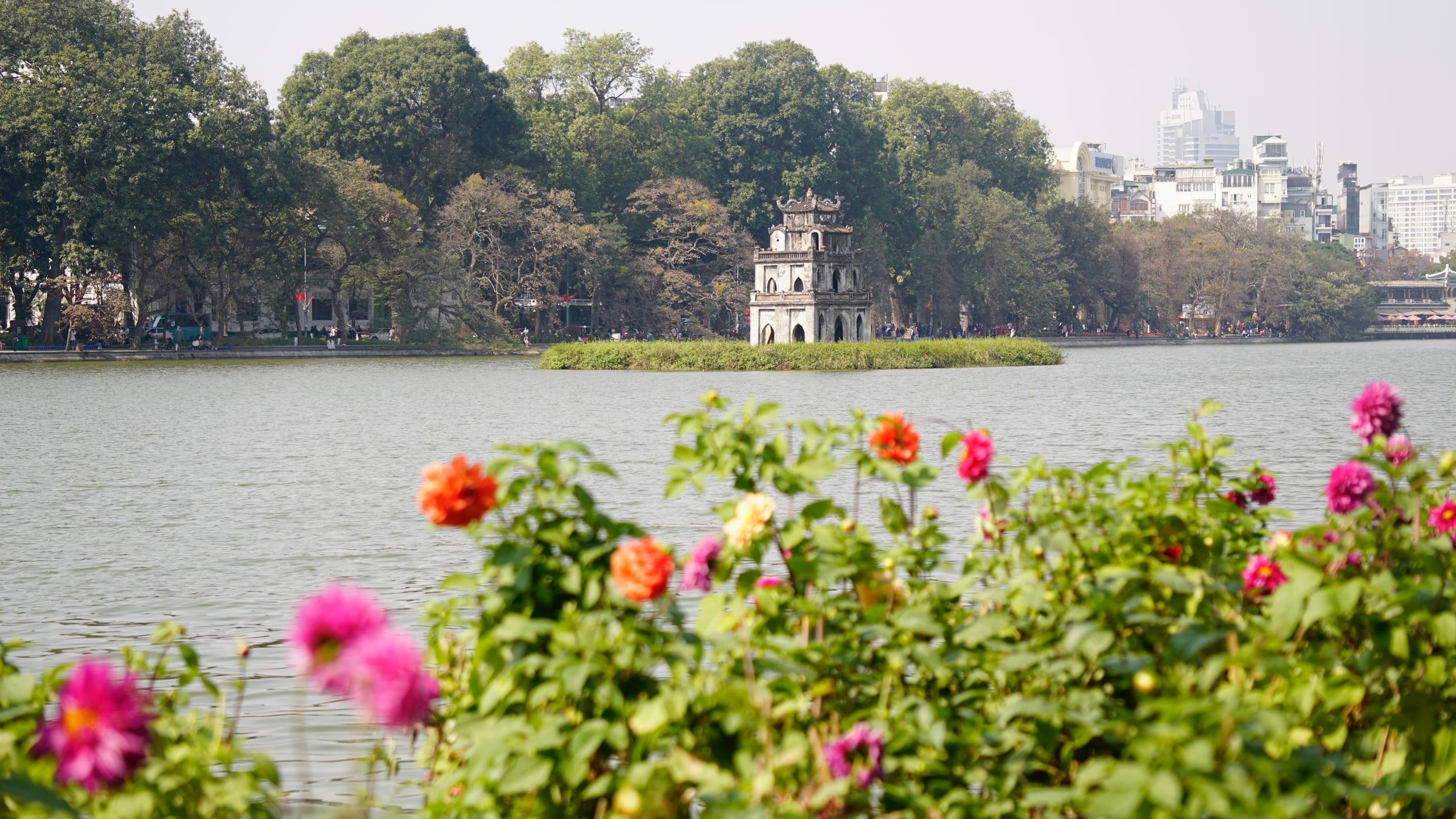 Una piccola torre di pietra su un isolotto di un lago cittadino, con fiori in primo piano