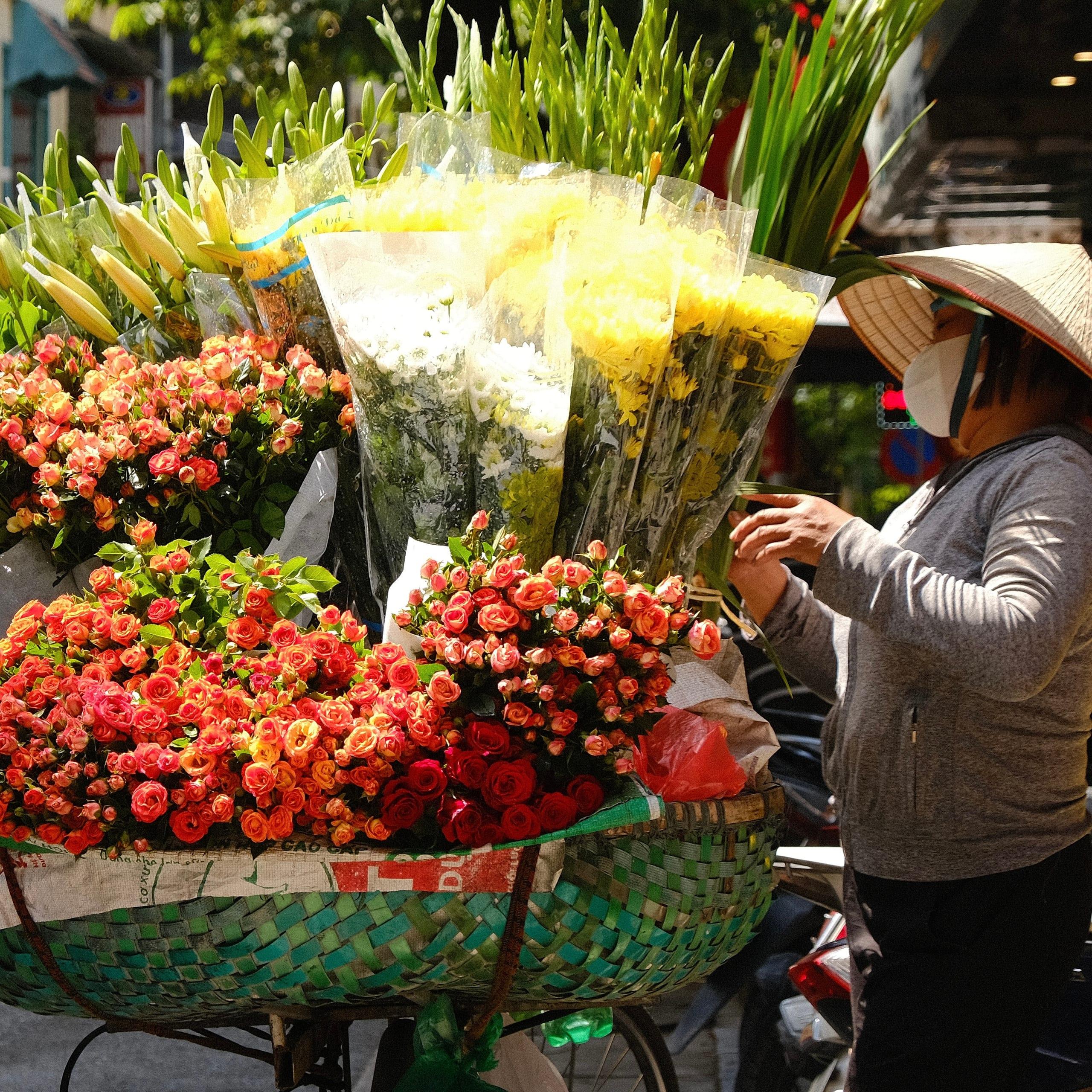 Una persona che vende per strada sistema mazzi di rose e gigli nei cesti di una bicicletta