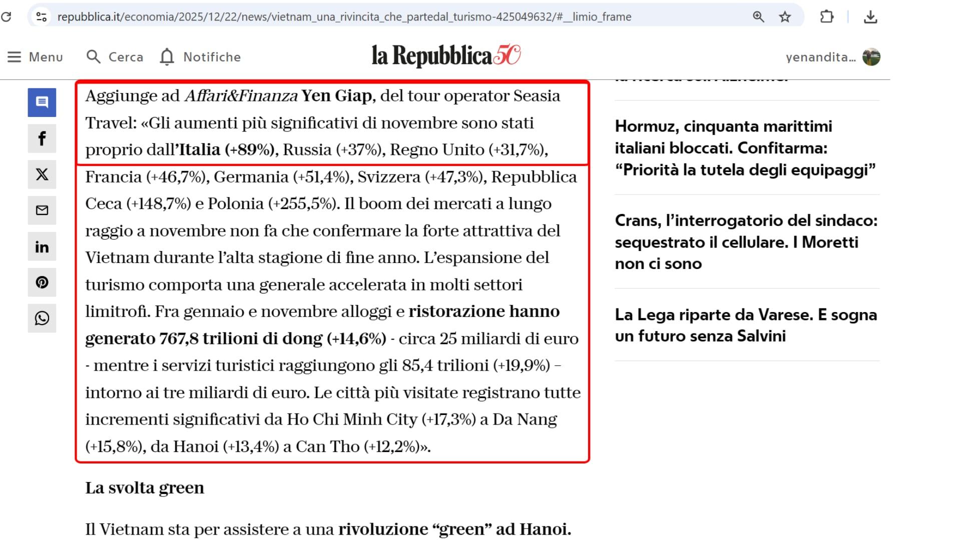 la Repubblica, Affari & Finanza — la dichiarazione di Yen Giap, SEASIA Travel