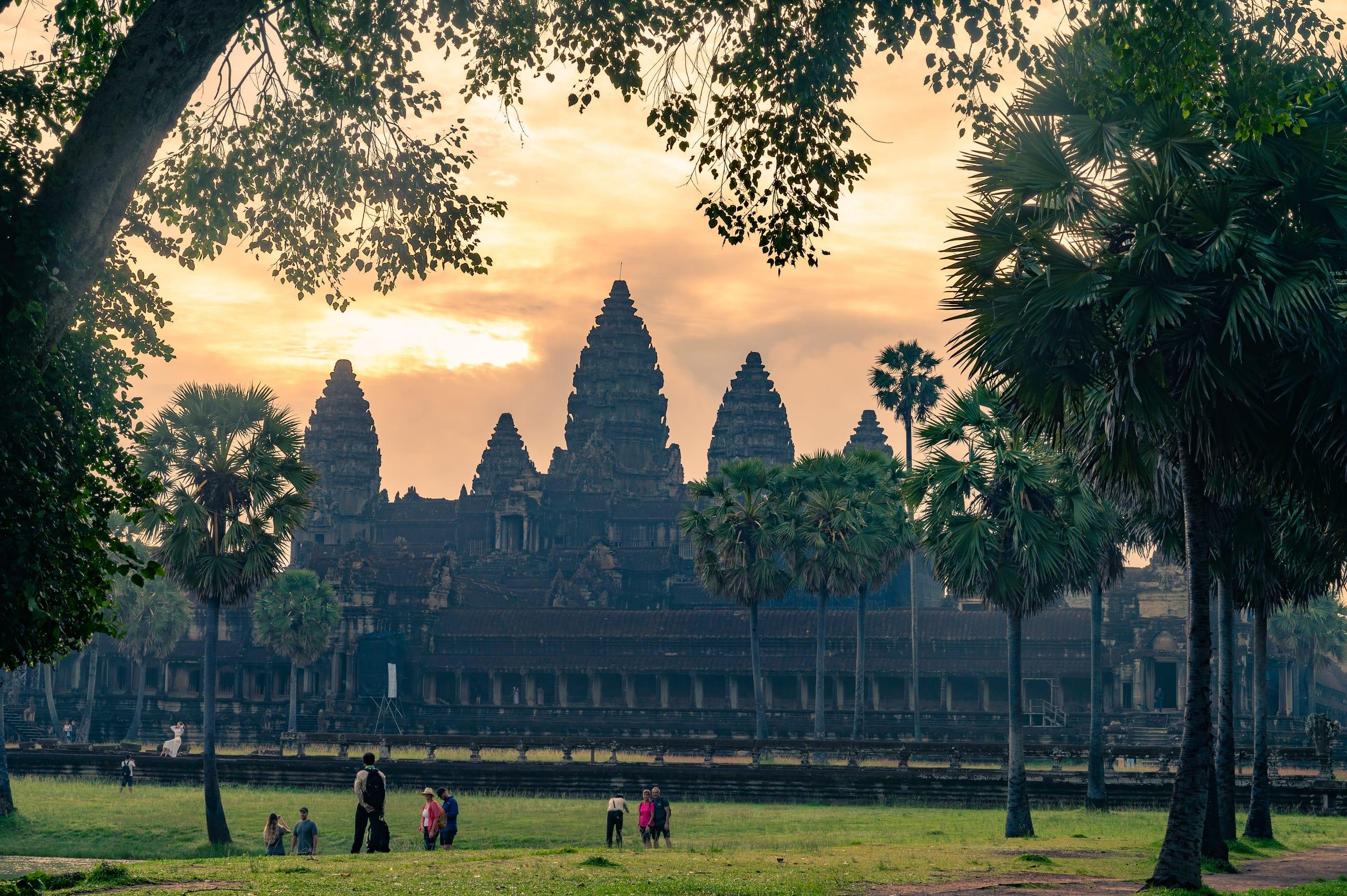 Le torri di Angkor Wat all’alba, viste da un prato tra gli alberi